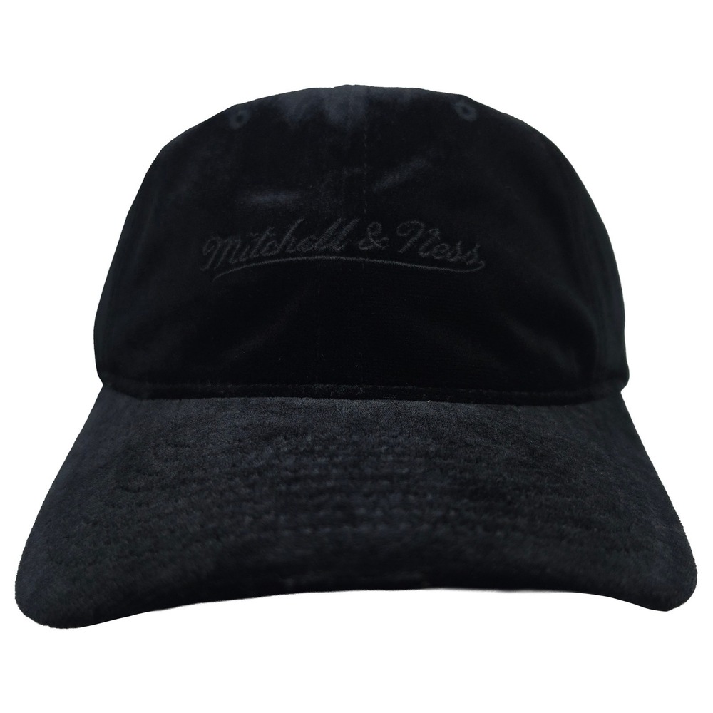 Mitchell & Ness Dad Hat Cap Brand Script Embroidery Logo Black Velvet Fabric NWT